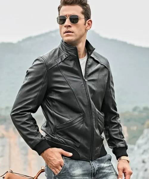 Men’s Black Moto Bomber Leather Jacket