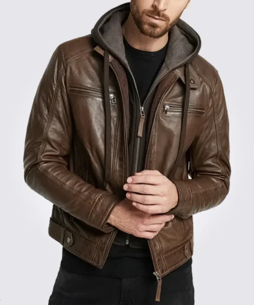 Eric Hooded Biker Brown Leather Jacket