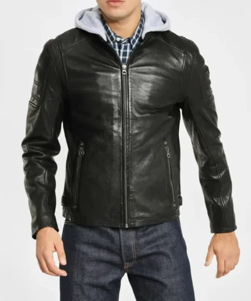 Leo Hooded Biker Black Leather Jacket