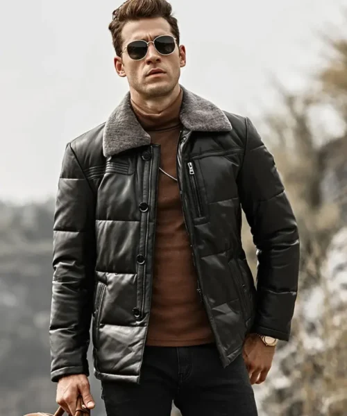 Memphis Puffer Black Leather Jacket