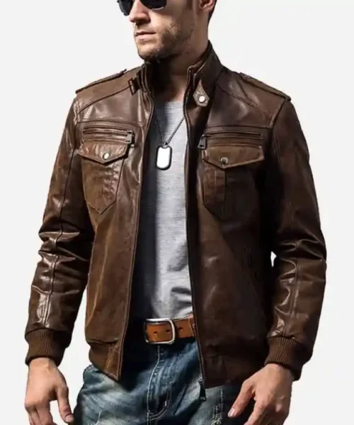 Biker Style Brown Bomber Leather Jacket