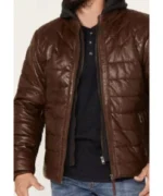 Leo Brown Puffer Hooded Leather Jacket