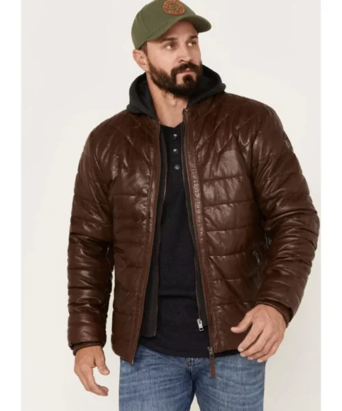 Leo Hooded Brown Puffer Leather Jacket