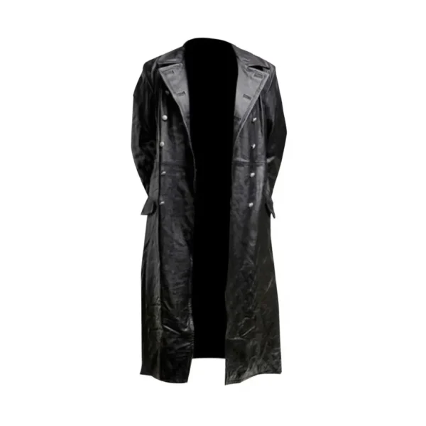 Officer Style Black Leather Trench Coat