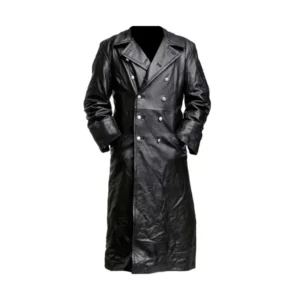 Military Officer Black Leather Trench Coat