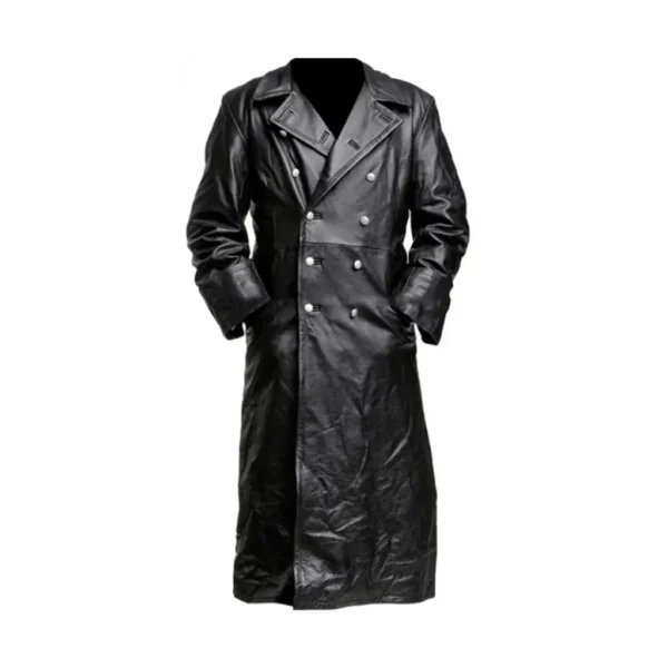Military Officer Black Leather Trench Coat