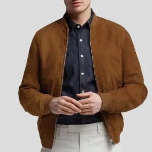 Men’s Tan Leather Suede Bomber Jacket