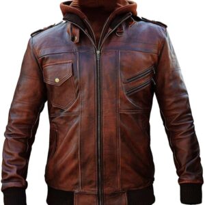 Men’s Vintage Bomber Brown Biker Hooded Real Leather Jacket