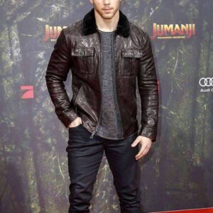 Jumanji 3 Premiere Nick Jonas Brown Leather Jacket