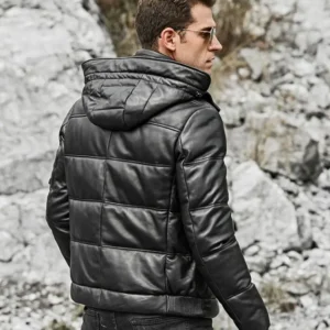 St. Louis Black Leather Puffer Hooded Jacket