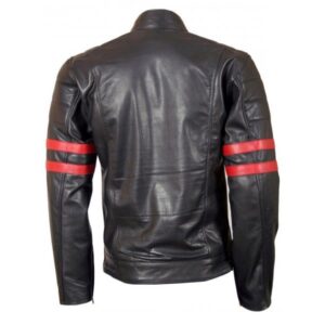 Double Striped Unisex Black Leather Jacket