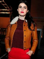 Alexandra Daddario shearling brown leather jacket