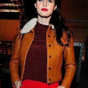 Alexandra Daddario shearling brown leather jacket