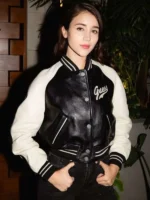 Caylee Cowan Moca Focus black leather varsity jacket