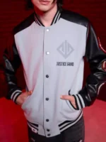 Justice Gang Superman 2025 black and grey varsity jacket