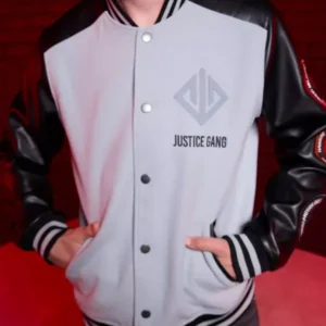 Justice Gang Superman 2025 black and grey varsity jacket