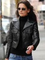Katie Holmes New York City street style black leather jacket