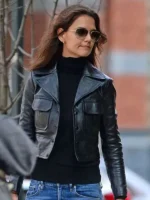Katie Holmes black New York City leather jacket