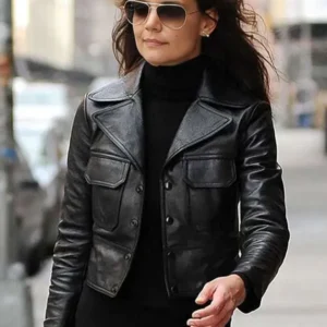 Katie Holmes New York City street style black leather jacket