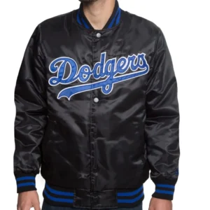 LA Dodgers Black Blue Patches Satin Jacket