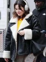 Mabel Mora Only Murders S04 Selena Gomez black shearling leather jacket