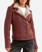 Women Brown Vintage Shearling Faux Fur Leather Jacket