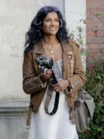 Pia Picture This 2025 Simone Ashley brown leather jacket